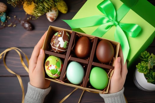 woman hold chocolate elegant Easter eggs, in a box. AI generative.