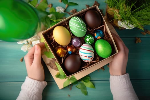 woman hold chocolate elegant Easter eggs, in a box. AI generative.