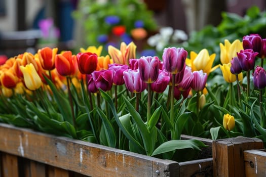 tulip flowers on wooden window box in garden background, generative ai.