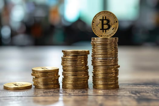 Bitcoin cryptocurrency with pile of coins . generative ai.