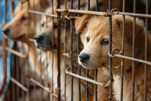 close up Sad large dogs caught in cage. Generative AI.