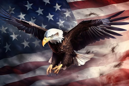 Illustration of an eagle on the background of the American flag closeup. Ai generation.