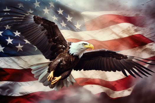 Illustration of an eagle on the background of the American flag closeup. Ai generation.