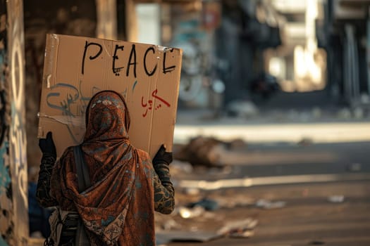 Arab woman hold PEACE cardboard in the city background . AI generated,.