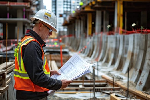 A civil engineer stands looking at the construction site. Generative AI..