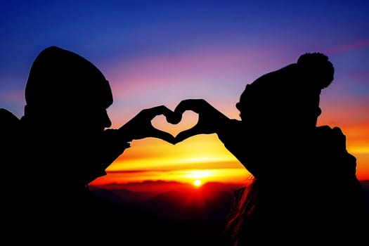 A couple of love makes a heart-shaped gesture, while the sunset. AI Background.