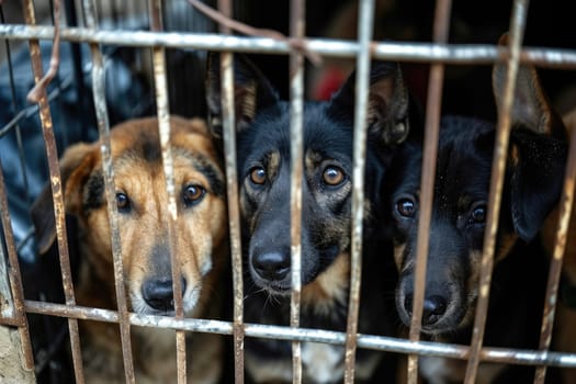 close up Sad large dogs caught in cage. Generative AI.