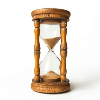 Rustic wooden hourglass isolated on a white background.