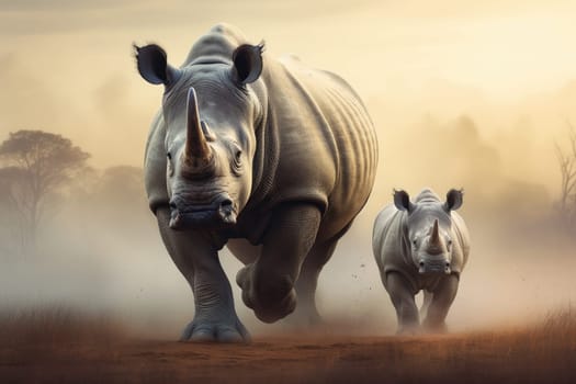 Mother and baby rhino in the savanna at sunset. Amazing African Wildlife. Generative Ai.