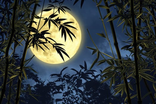exposure of bamboo forest and full moon in the night sky. Generative AI.