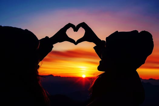 A couple of love makes a heart-shaped gesture, while the sunset. AI Background.