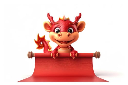 Chinese New Year , dragon cartoon hold red paper scroll in white background. Generative ai.