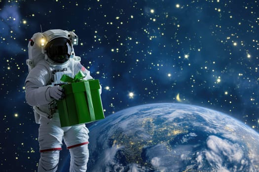 An astronaut holding a Saint Patrick's Day gift box on the moon, . Generative AI..