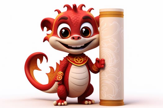Chinese New Year , dragon cartoon hold red paper scroll in white background. Generative ai.