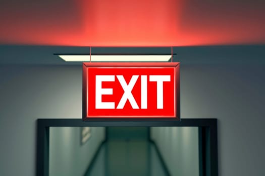 The Exit sign glowing in red shows the word EXIT to doorway. Generative AI..