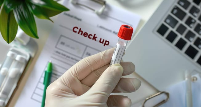Doctor holding blood tube test in the research laboratory. health for check up . Generative ai.