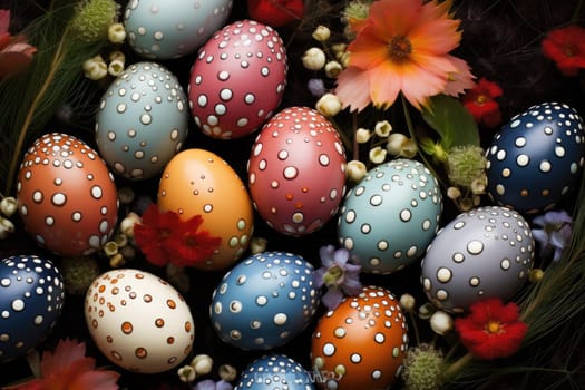 A Close-Up View of Easter Eggs Decorated with Lovely Flower Designs - Generative Ai.