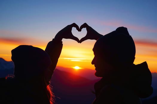 A couple of love makes a heart-shaped gesture, while the sunset. AI Background.