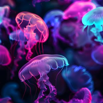 glowing sea jellyfishes on dark background and seamless texture. Neural network generated. Not based on any actual scene or pattern.