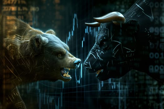 Bear and bull going head to head with trading charts behind them, in the style of stock market, wild and daring. Neural network generated image. Not based on any actual person or scene.