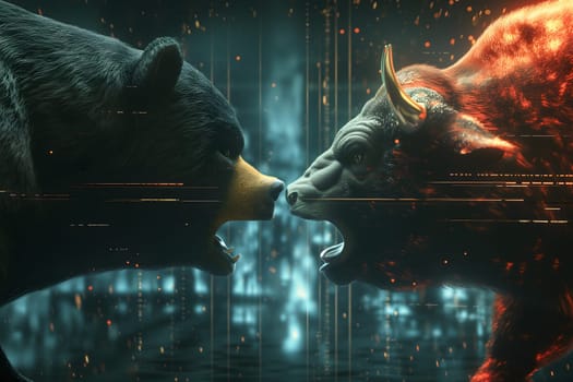 Bear and bull going head to head with trading charts behind them, in the style of stock market, wild and daring. Neural network generated image. Not based on any actual person or scene.