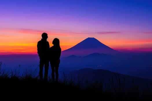 A couple of love makes a heart-shaped gesture, while the sunset. AI Background.