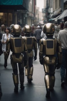 A diverse group of individuals in various cosplay costumes walking down a busy city street during a convention.