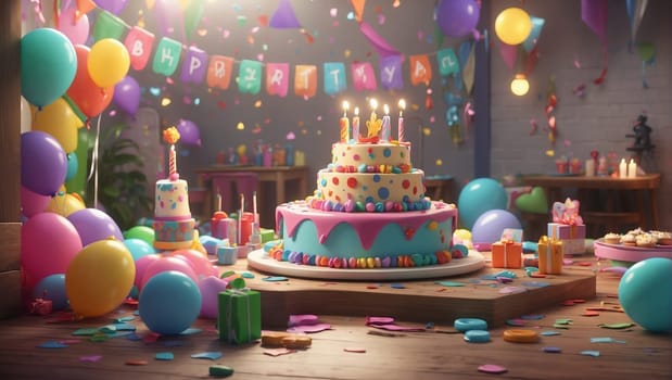A vibrant birthday cake adorned with candles sits atop a table, surrounded by colorful balloons and confetti.