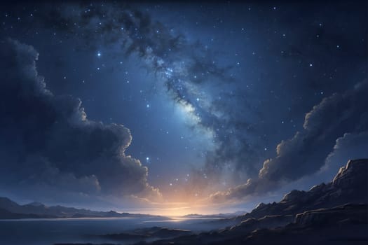 A detailed painting showing a night sky filled with twinkling stars and wispy clouds.