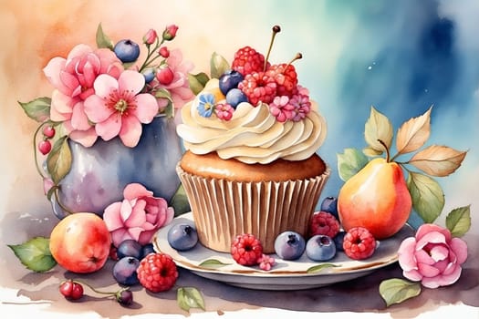 A still-life painting showcasing a colorful cupcake and assorted fruits arranged on a plate.
