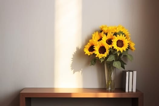 a table with a vase of sunflowers on it. generative ai.