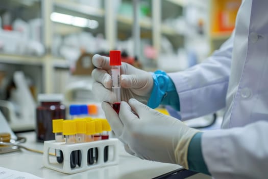 Doctor holding blood tube test in the research laboratory. health for check up . Generative ai.