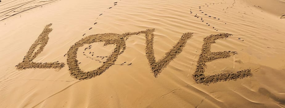 A sand scene at dusk with a LOVE Word drawn in the sand .Ai Generative.