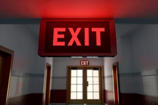 The Exit sign glowing in red shows the word EXIT to doorway. Generative AI..