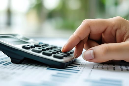 Financial data analyzing counting concept for Businessman's hands with calculator and laptop on desk in modern office. Generative AI.