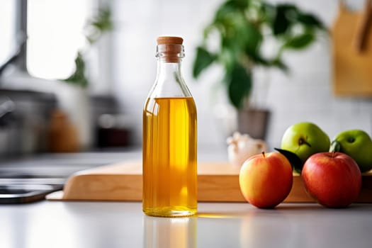Apple cider vinegar in bottle and apples - AI Generated.