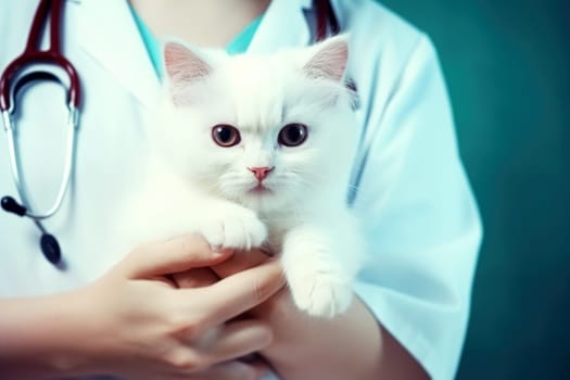 Veterinarian examining a cat in a veterinary clinic, closeup. Generative Ai.
