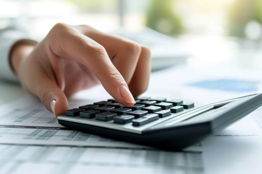 Financial data analyzing counting concept for Businessman's hands with calculator and laptop on desk in modern office. Generative AI.