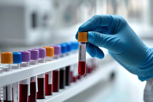 Doctor holding blood tube test in the research laboratory. health for check up . Generative ai.