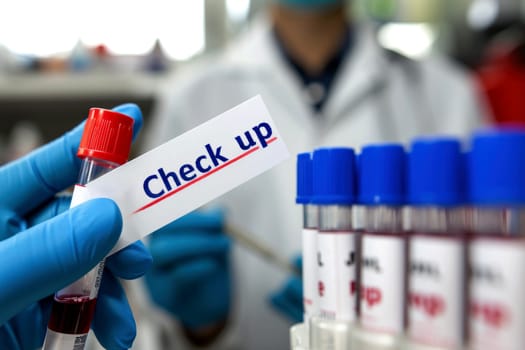 Doctor holding blood tube test in the research laboratory. health for check up . Generative ai.
