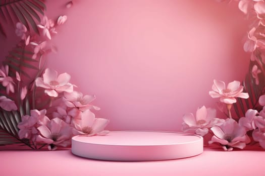 Minimal background with a pink podium backdrop for product presentation. Generative AI.
