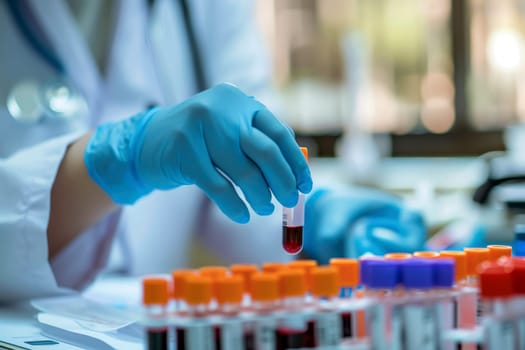Doctor holding blood tube test in the research laboratory. health for check up . Generative ai.