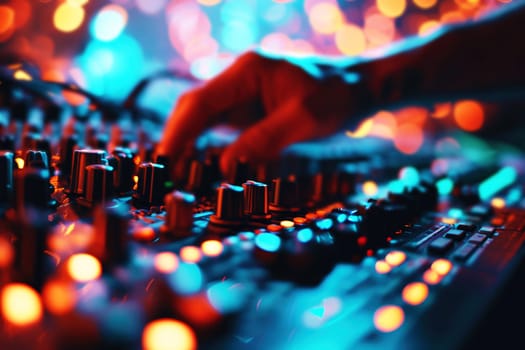 Hands of professional sound producer working on mixing desk in recording studio, Generative AI.