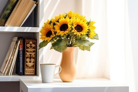 a table with a vase of sunflowers on it. generative ai.