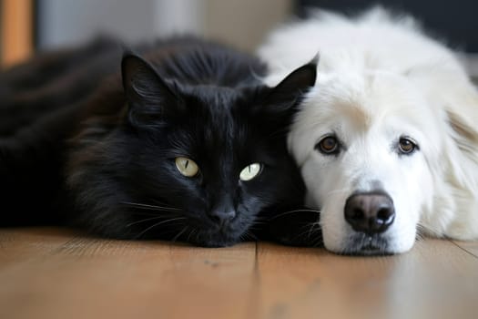 white dog and black cat looking at the camera lying together on the floor.AI generative.