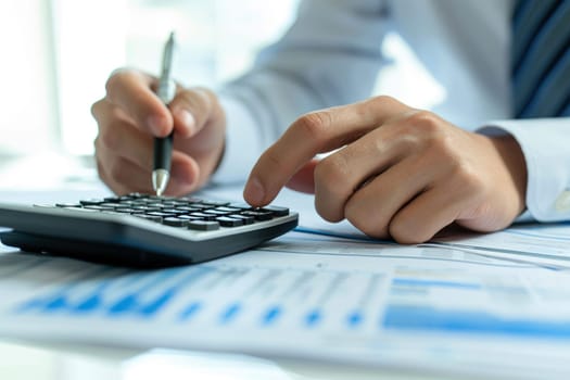 Financial data analyzing counting concept for Businessman's hands with calculator and laptop on desk in modern office. Generative AI.