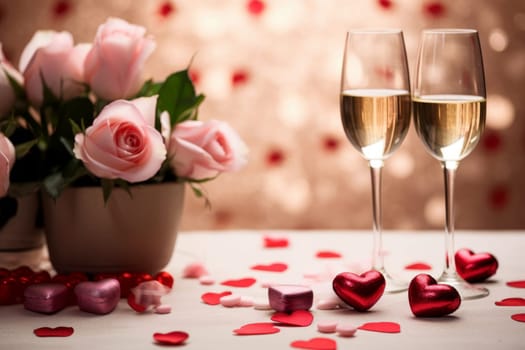 valentine day celebration with champagne, bokeh background. Generative AI.