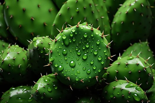Close-up texture of a cactus with spines in water droplets.