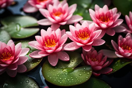 Beautiful pink water lilies with water drops on the leaves.