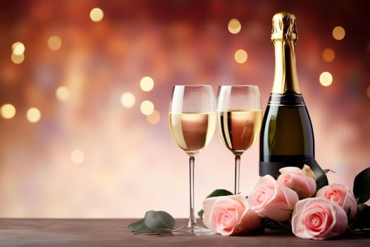 valentine day celebration with champagne, bokeh background. Generative AI.